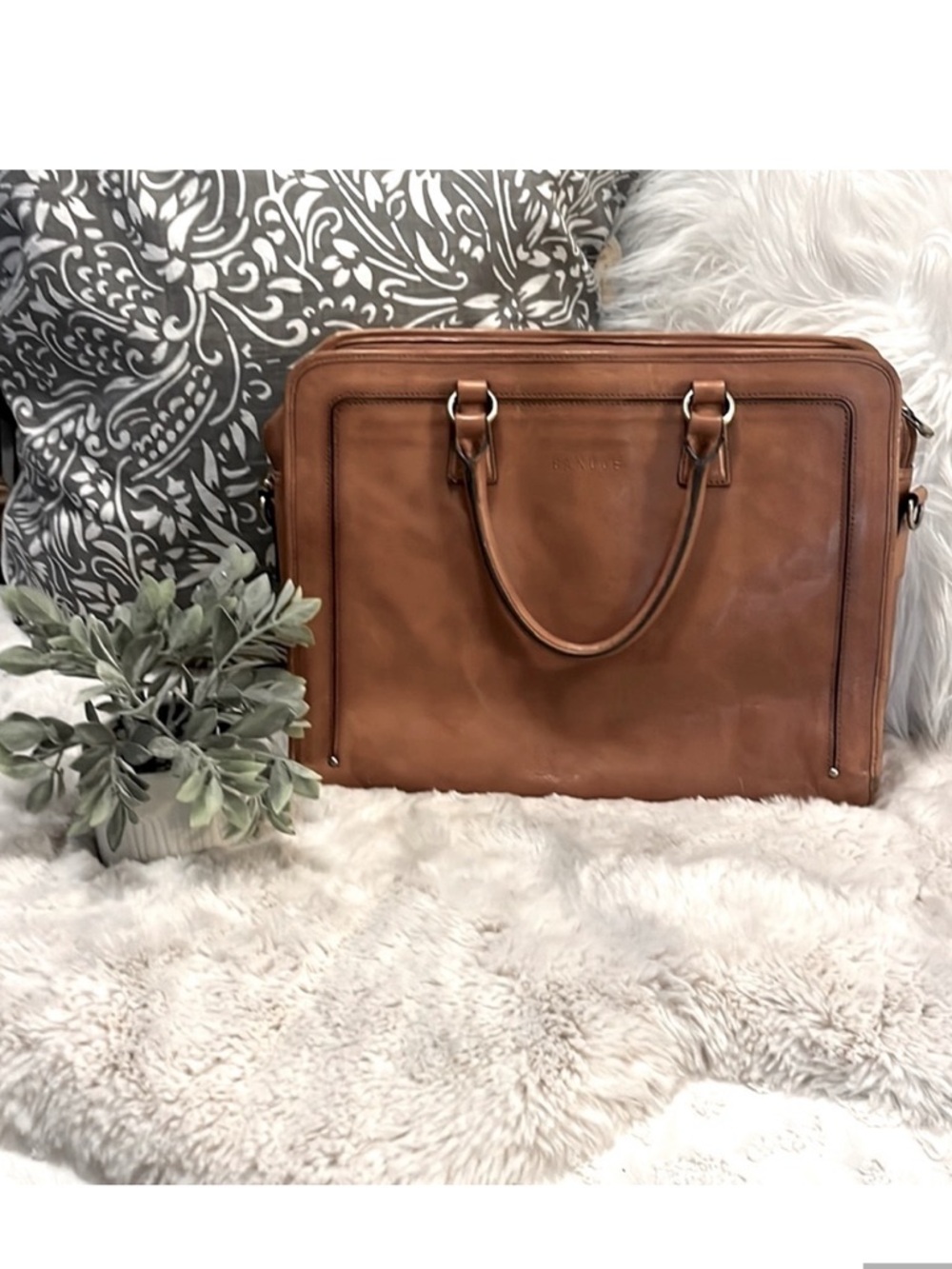 Banuce Vintage Cognac Color Leather Briefcase Laptop Travel Bag